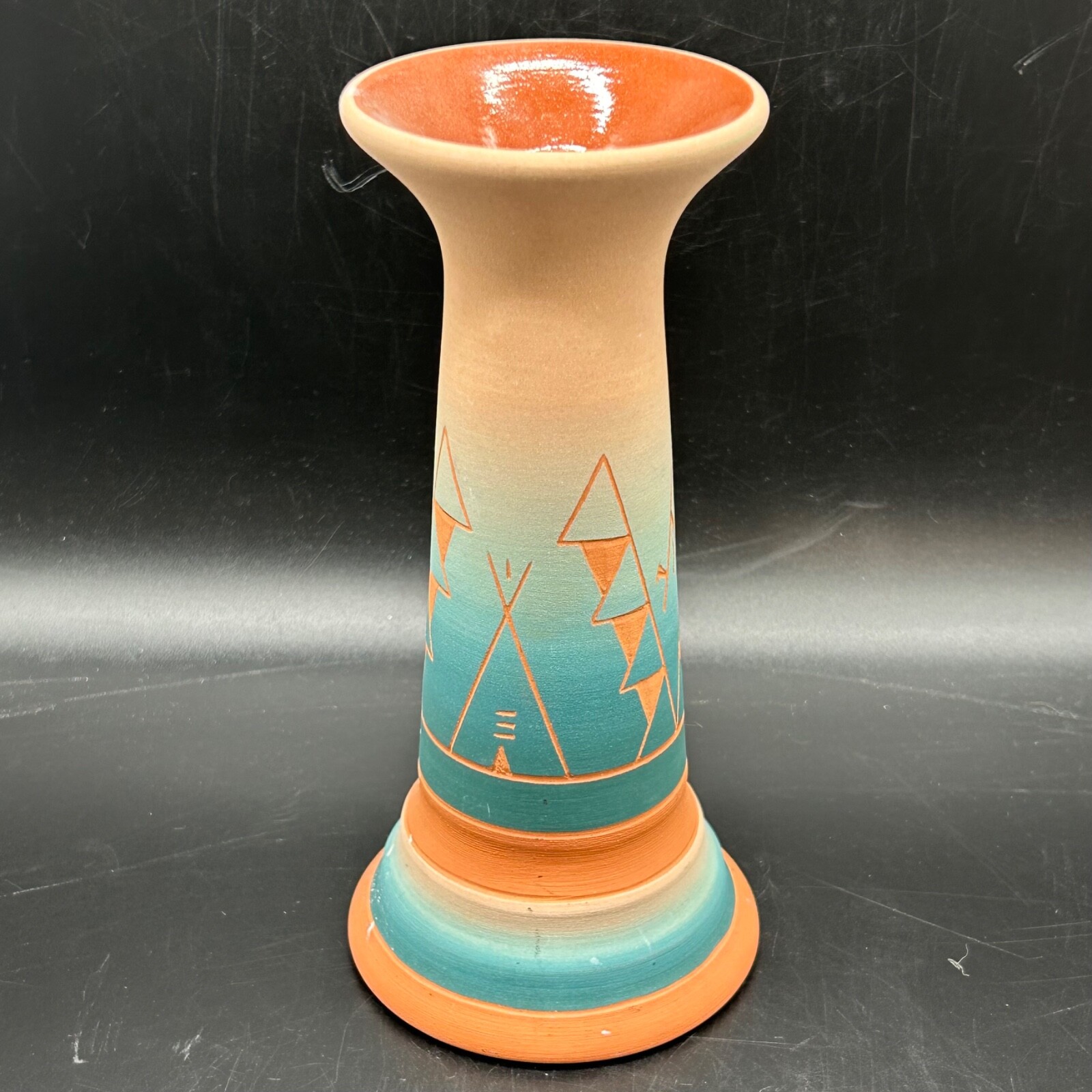 Sioux Native American Pottery Vase Etched Signed Orang Teal Teepee Mountain Pipe