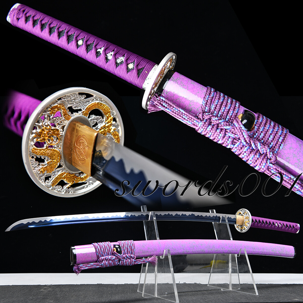 Elegant Purple Katana Japanese Samurai Sword Carbon Steel Blue Blade Full Tang
