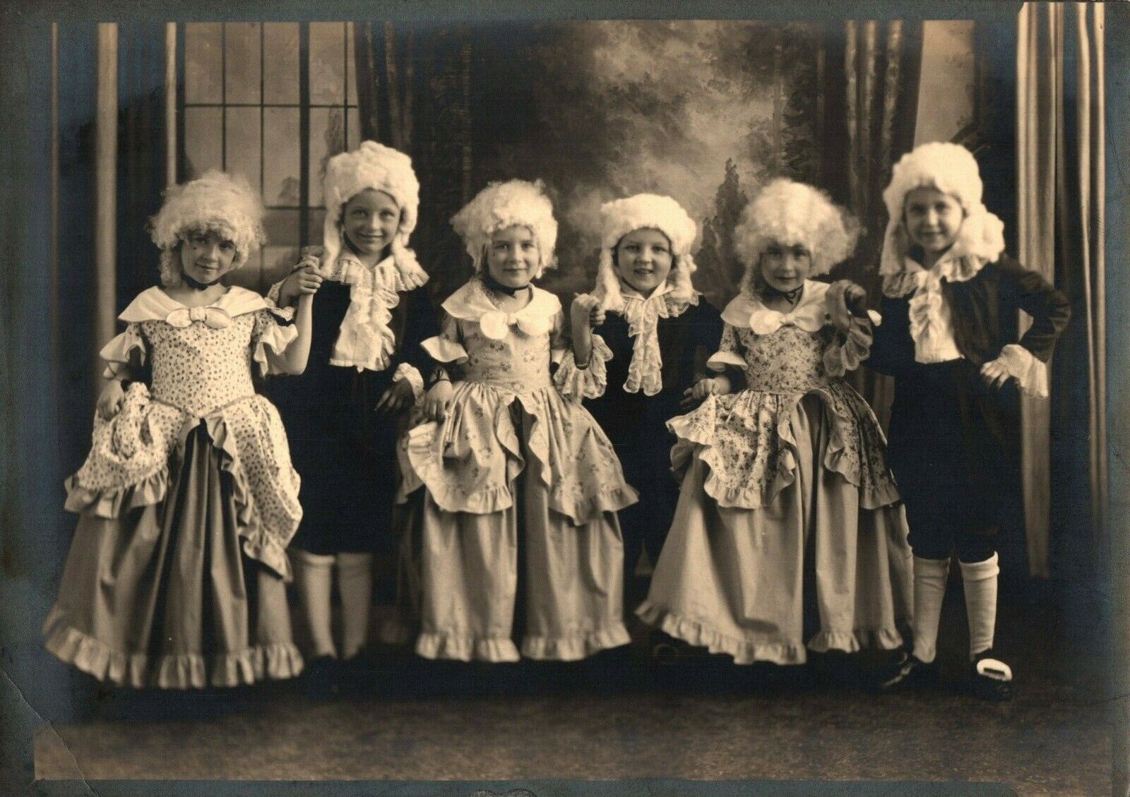 Children Posed as Courting Colonial Couples in Costumes White Wigs Dick Janke 
