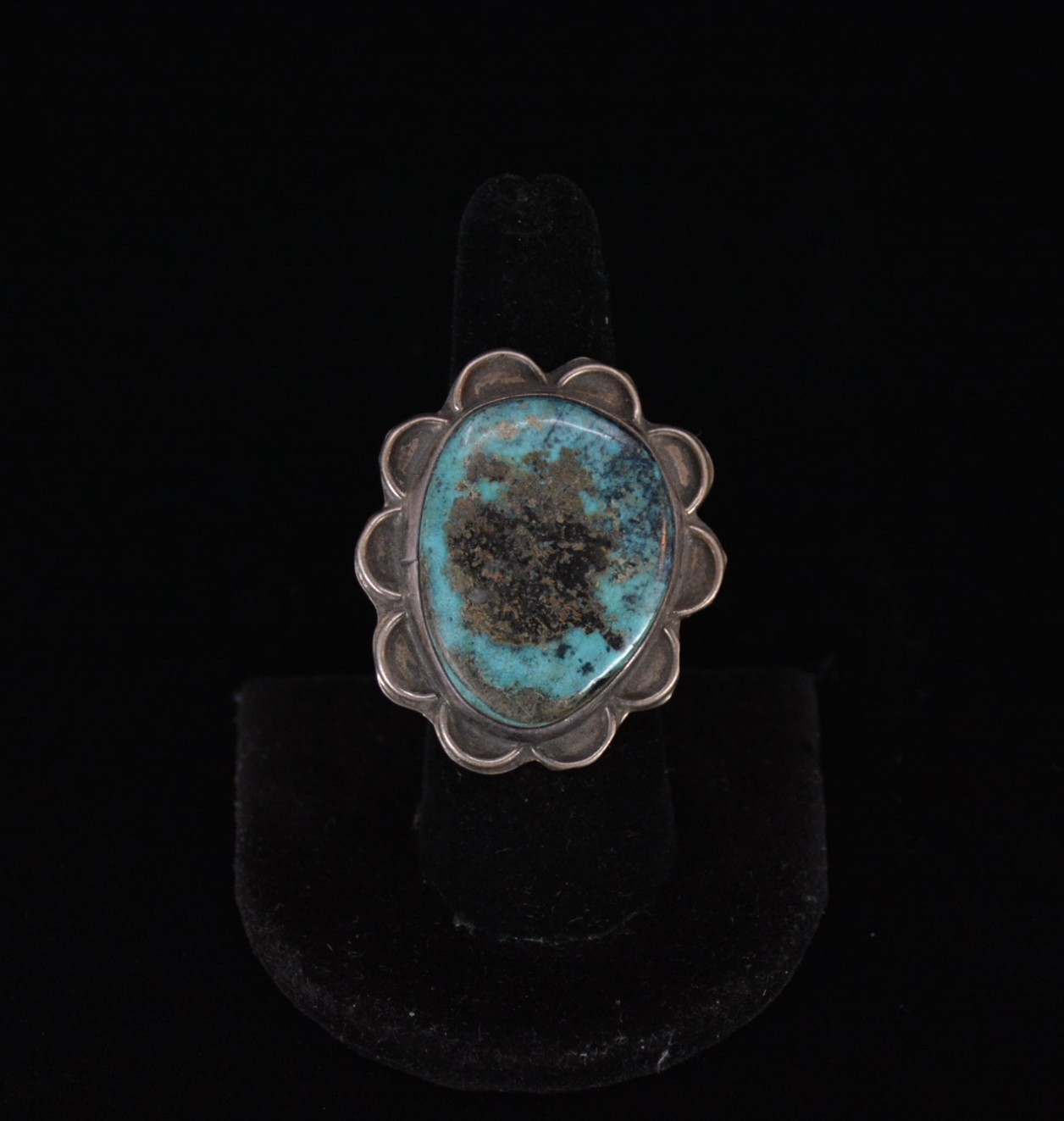 Vintage Navajo Nickel Silver Ring - Large Turquoise Stone - Sz 7.5 - 1.5\