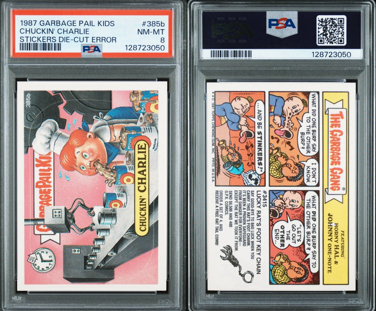1987 Garbage Pail Kids Stickers 385b Chuckin\' Charlie Die-Cut Error PSA 8 1987 Garbage Pail Kids Stickers 385b Chuckin\' Charlie Die-Cut Error PSA 8
