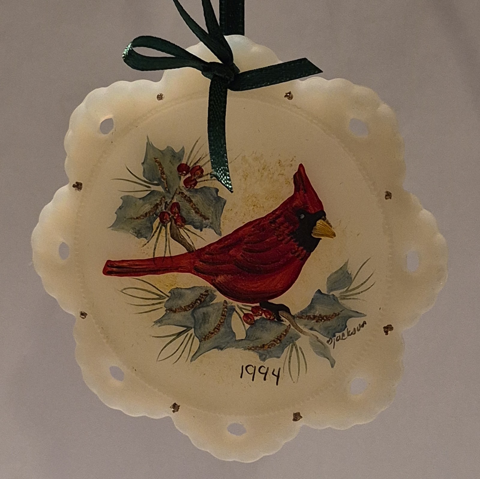 Fenton Satin Glass Cardinal Flower Christmas Ornament 1944