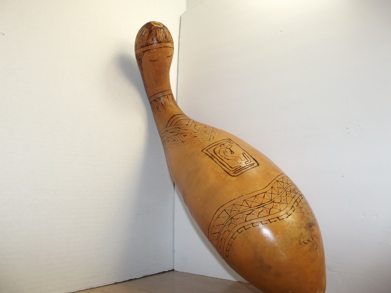 Hopi/ Zuni Ceremonial Fertility wood burned etched Gourd instrument W/ Kokopeli
