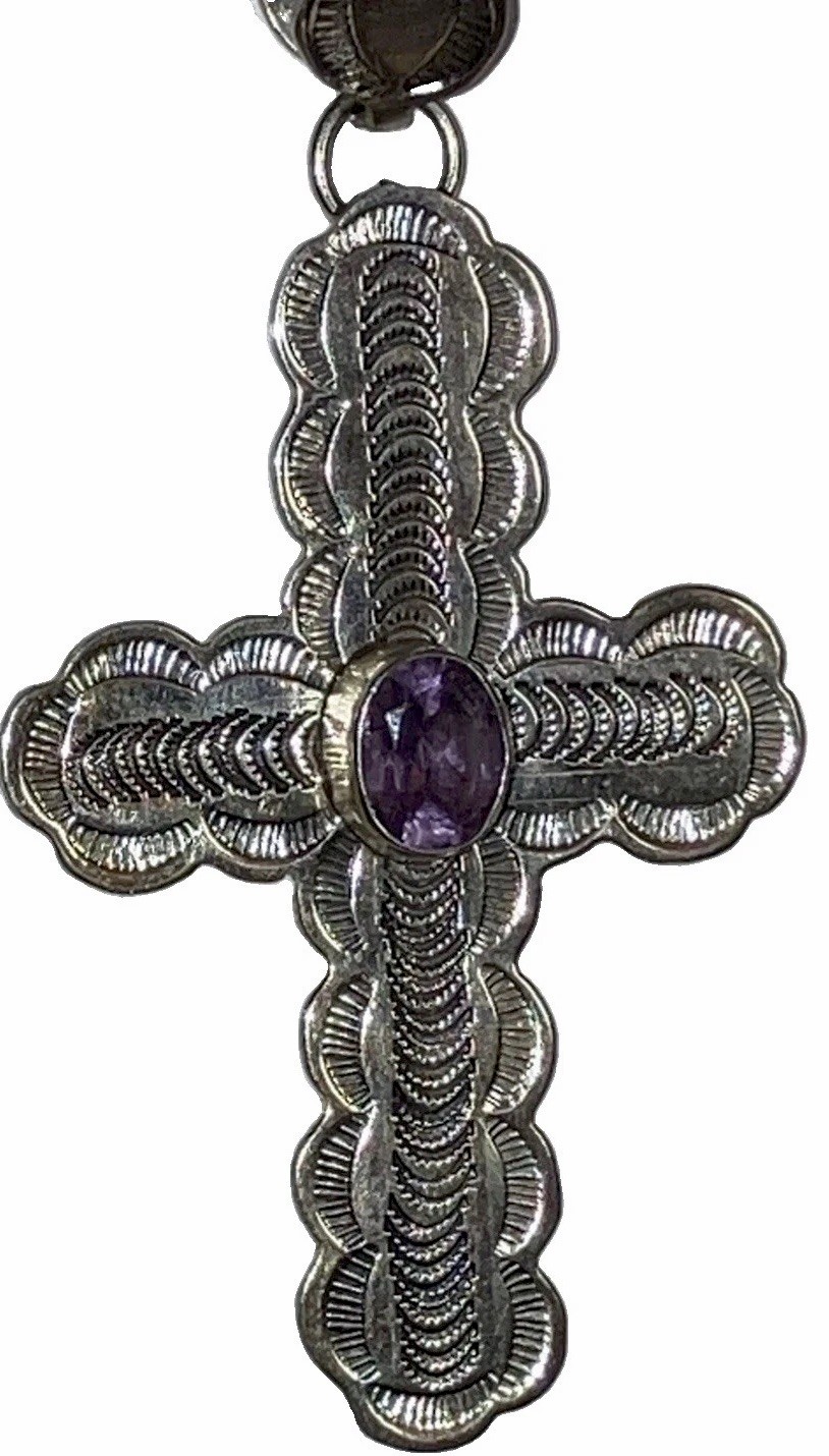 Amethyst Stamped Cross Pendant Sterling THE METROPOLITAN MUSEUM Ball Beads 40gms