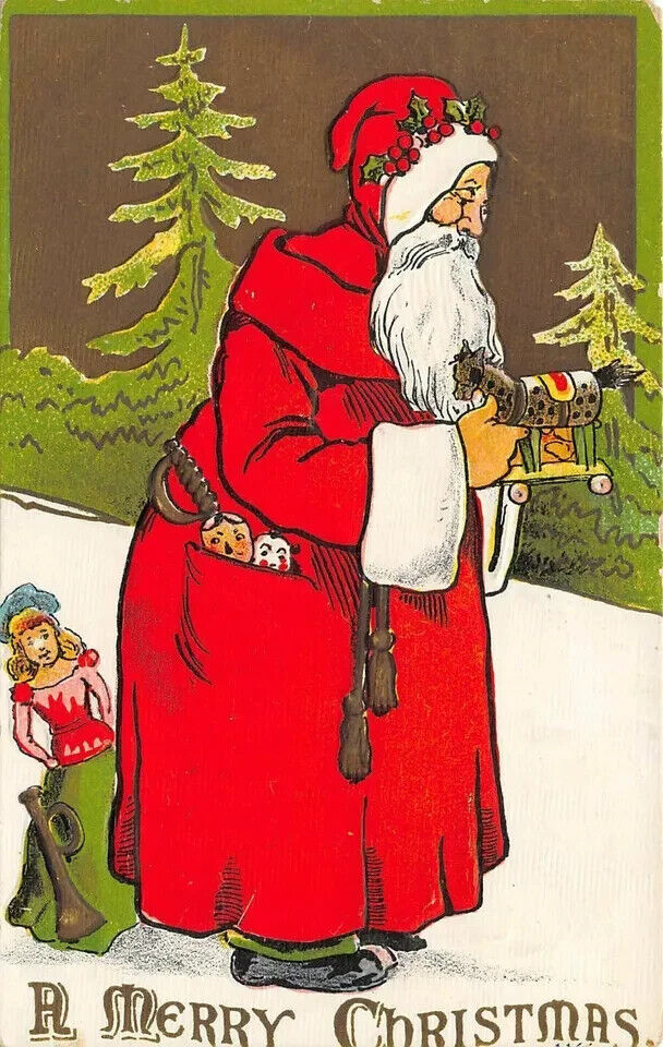 Long Red Robe Santa Claus with Doll~ Toys~Antique Christmas-Postcard~k415