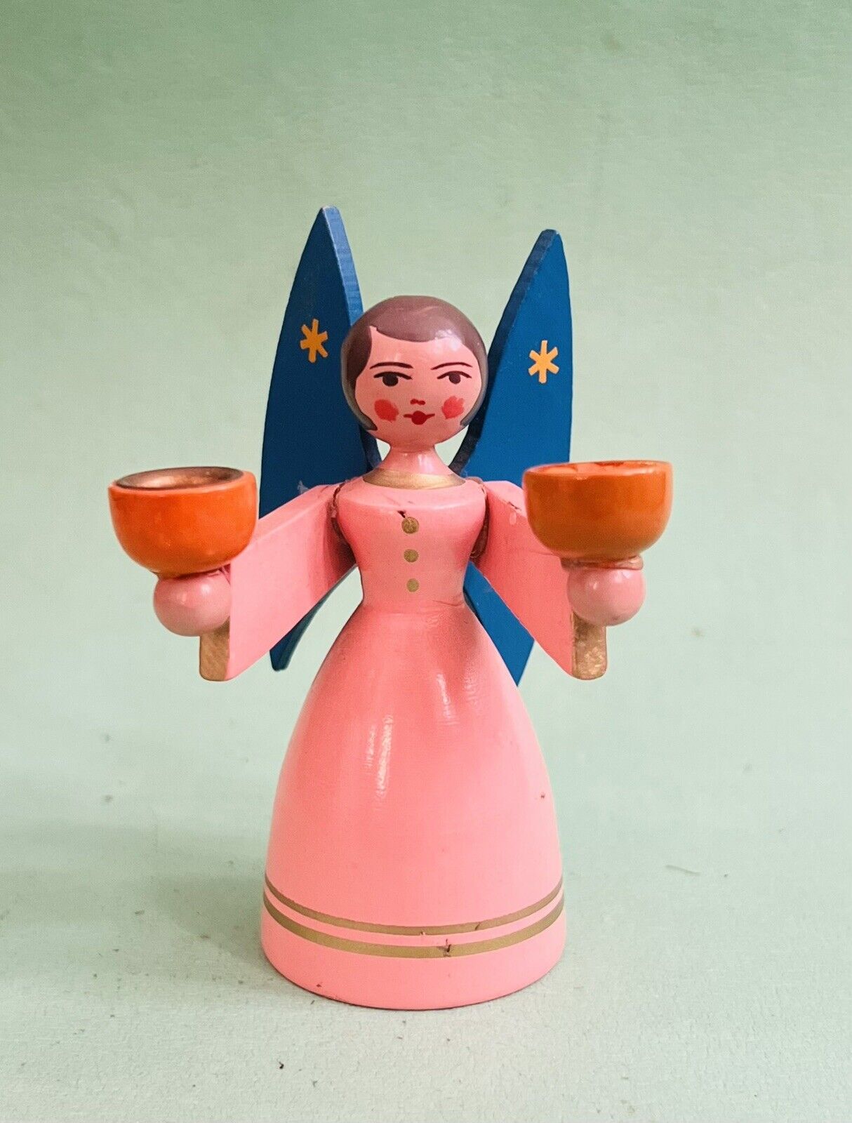 Vintage Erzgebirge Pink Angel Candle Holder, Wood German Expertic Hand Made 