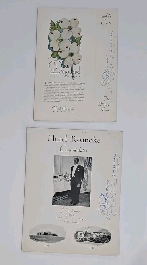 1942 Hotel Roanoke Restaurant Congratulatory Menus Signed J. Ed. Brown 60 Years 