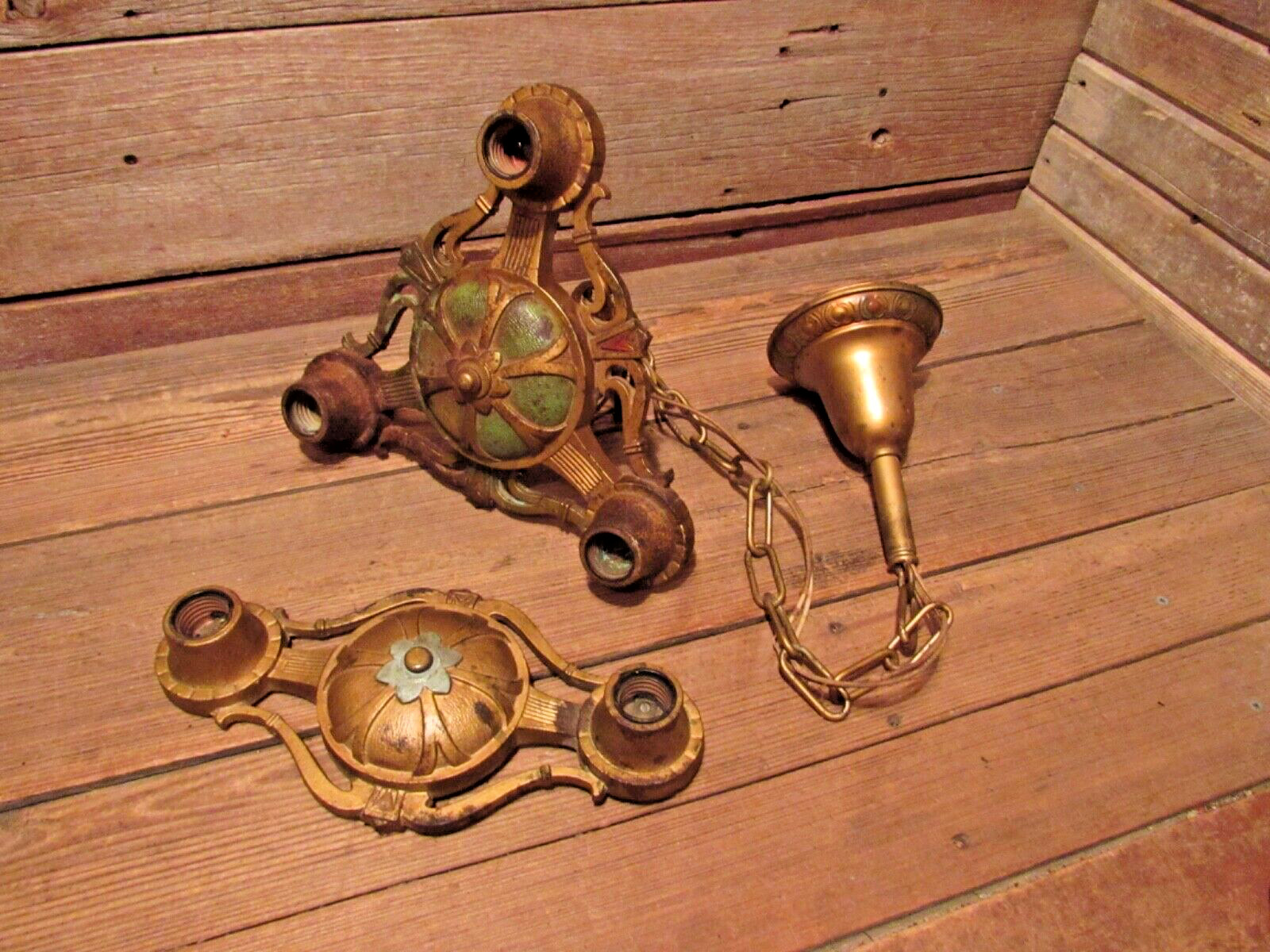 Vintage Antique Victorian Fixture Hanging & Wall Lamp Set