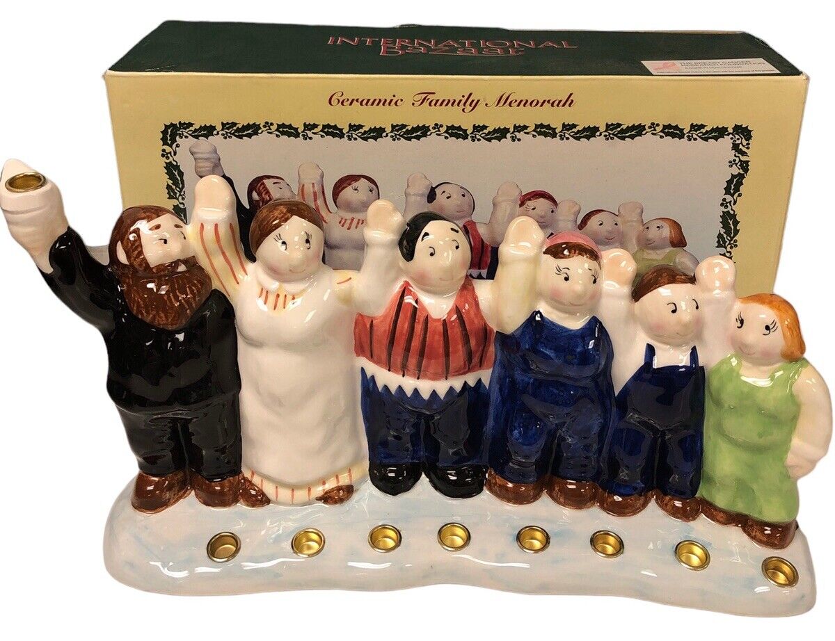 Vintage Judaica Hanukkah Ceramic Dancing Family Menorah New 11” x 7” *read