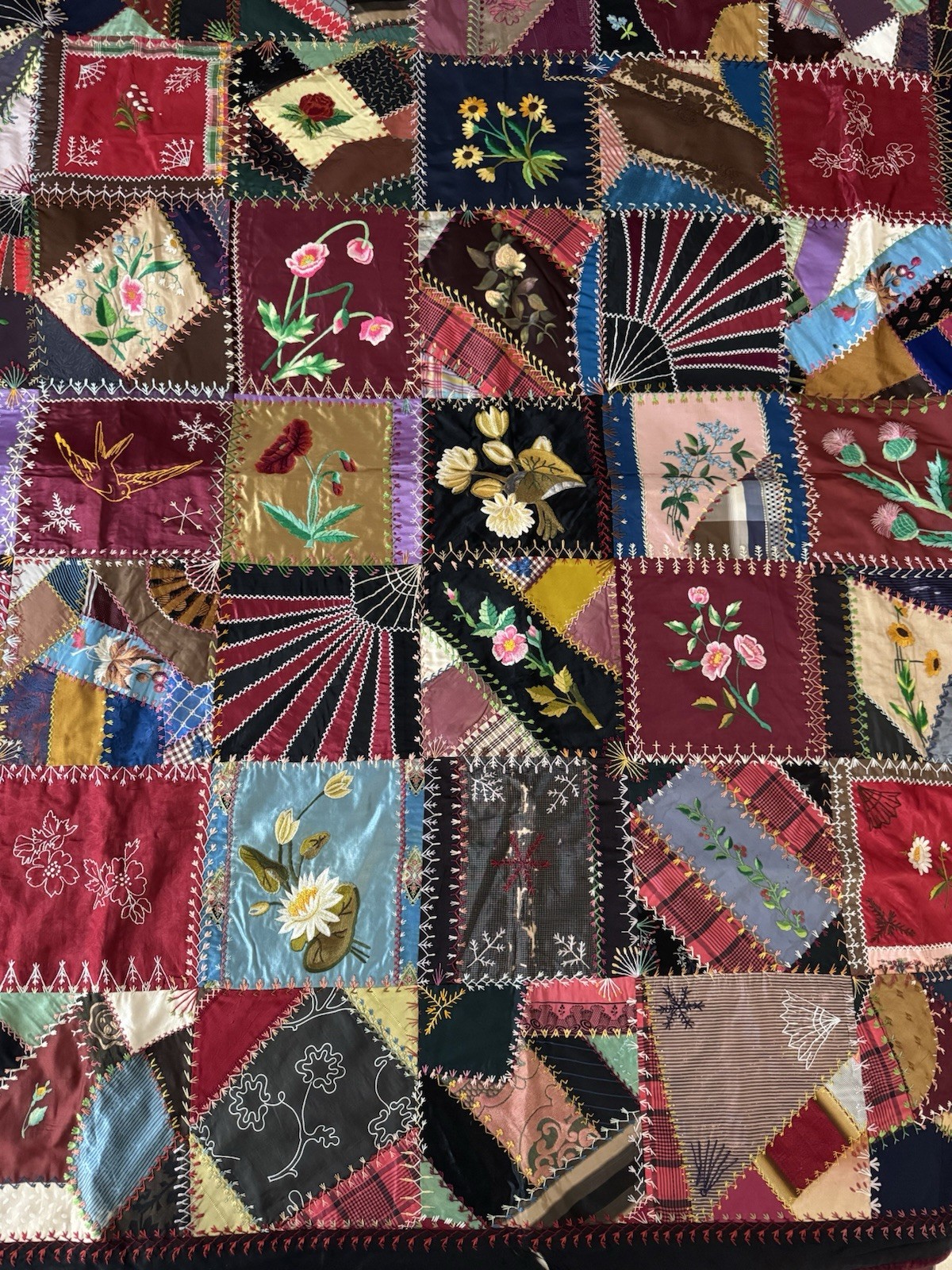 Antique 1880s Victorian Crazy Quilt Silk Velvet Exceptional Embroidery60x60 Rare