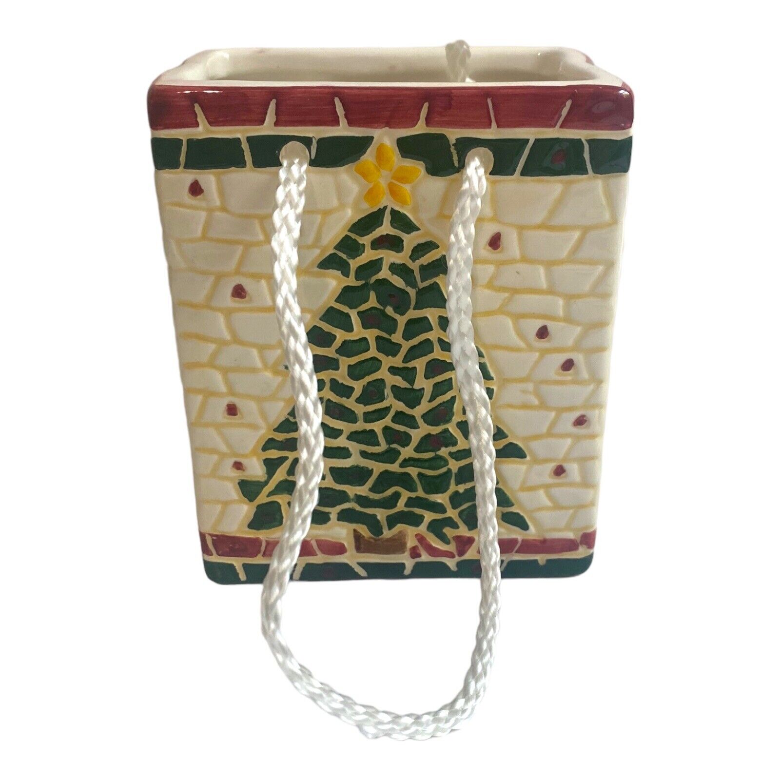 VTG Ceramic Christmas Tree Gift Bag Present Chimney W/ Rope Handles 6” Mosaic