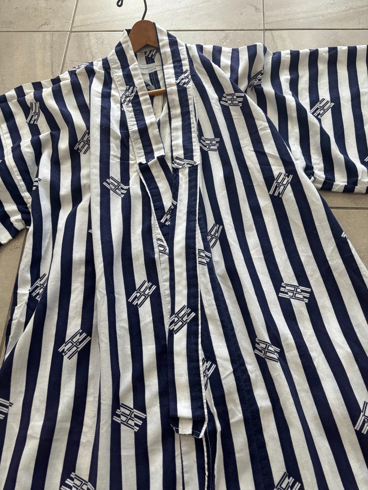 Vintage 80s Imperial Hotel Tokyo Japanese Stripe Yukata Robe Cotton Kimono FLAWS