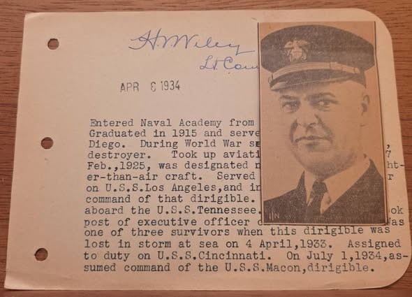 AUTOGRAPH -Admiral Herbert V. Wiley  - Dirigible Commander Akron Survivor