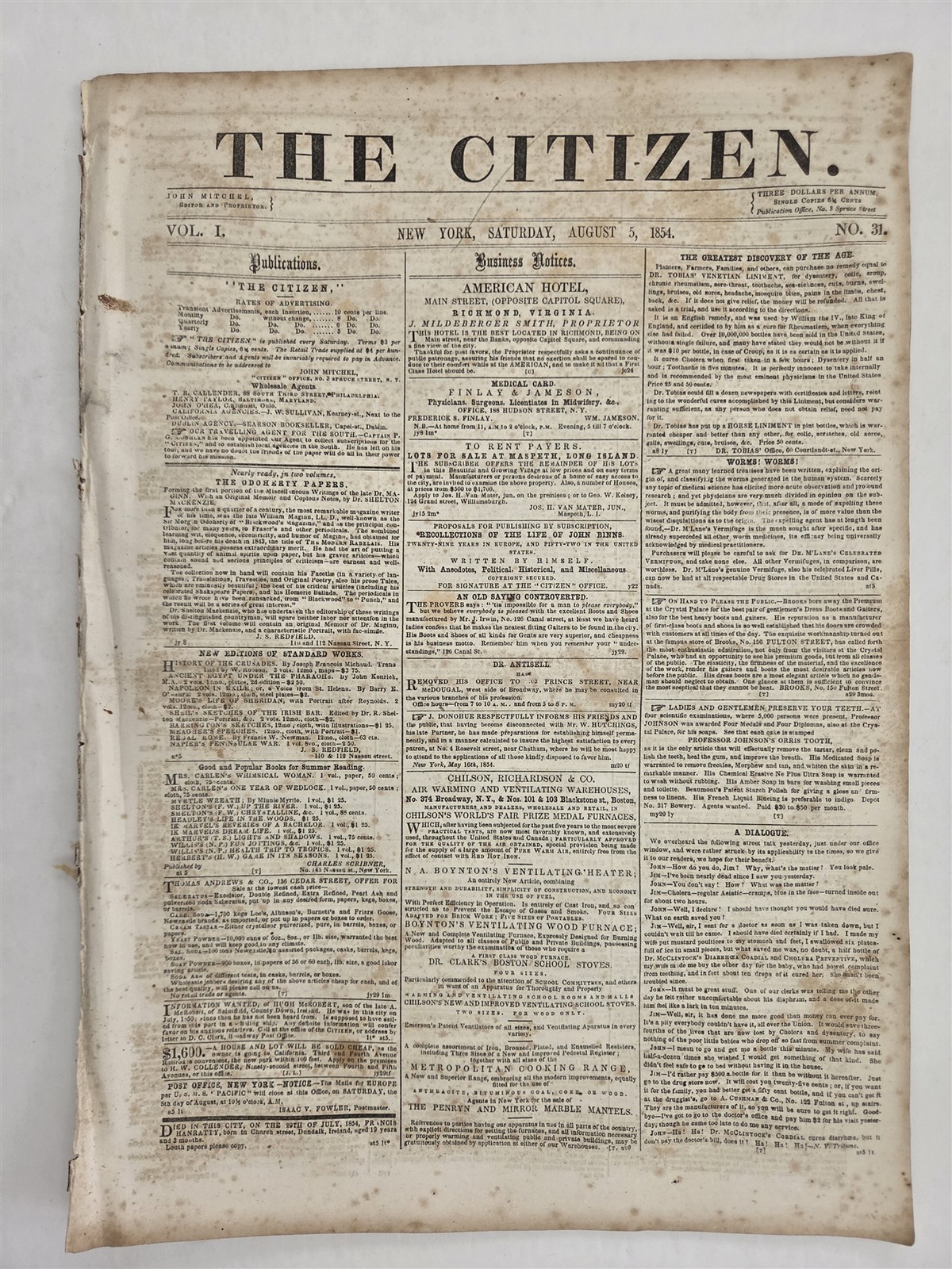 1854 antique THE CITIZEN NEWSPAPER ny JOHN MITCHEL FUGITIVE SLAVE LAW COTTON