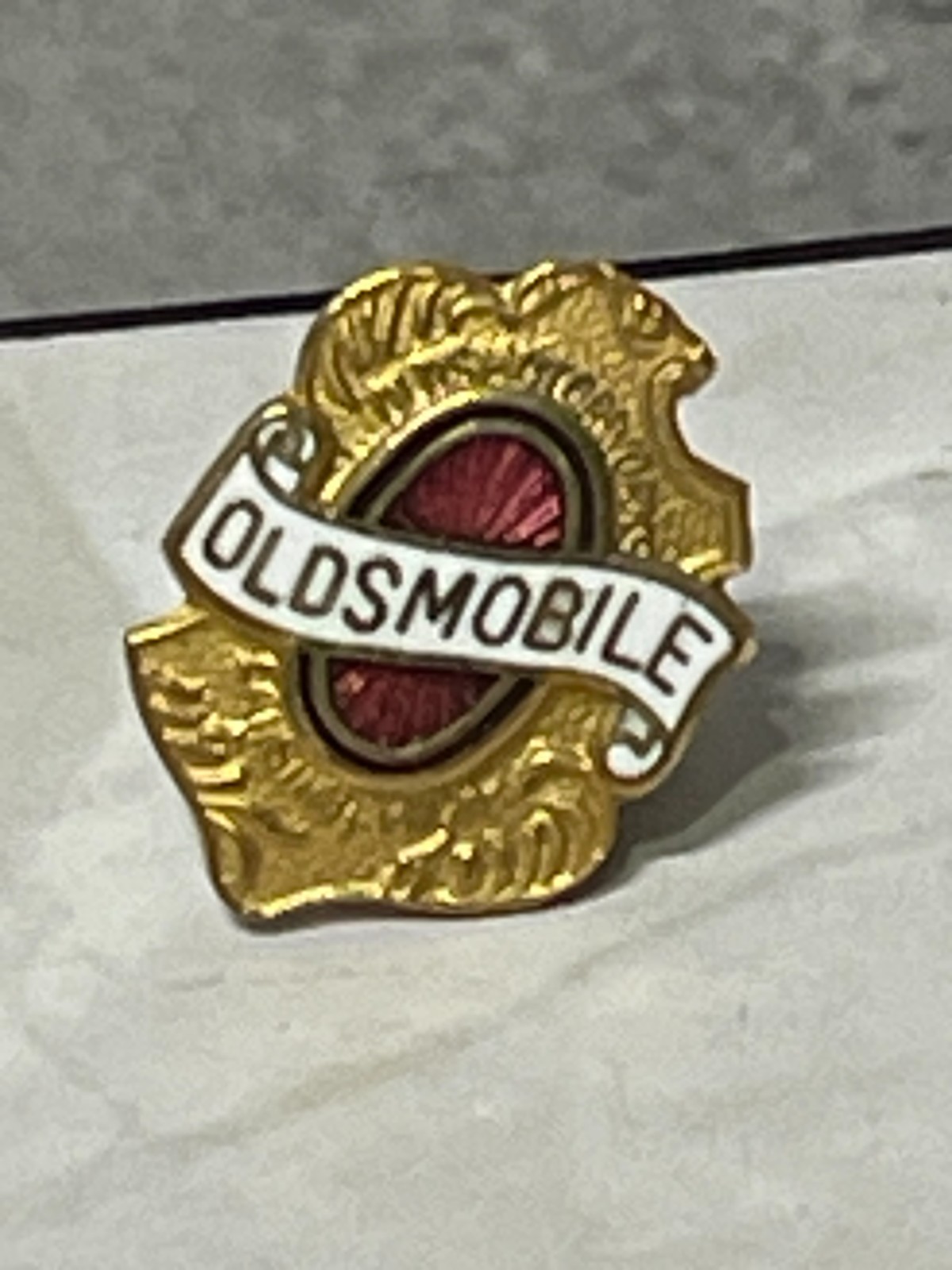 Vintage Oldsmobile Emblem Enamel Lapel Pin Gold Red White Automotive Memorabilia