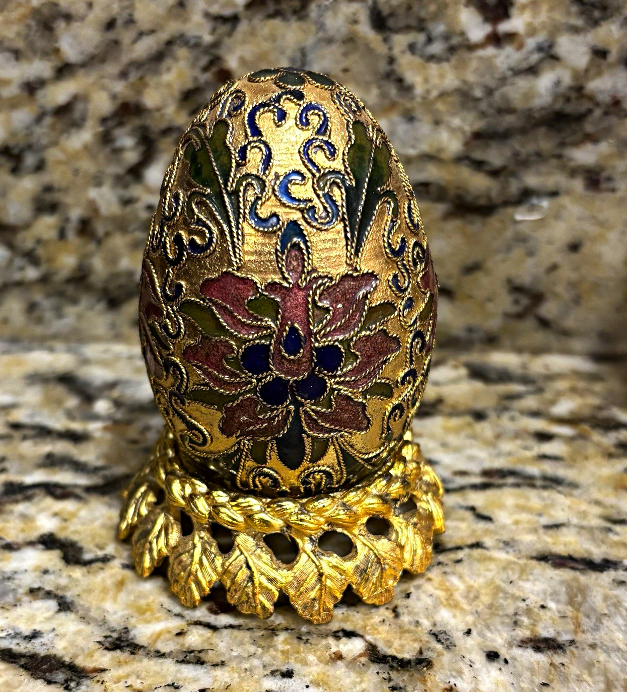 Gold Tone Floral Enamel Metal Collector Egg on Stand 3D Effect