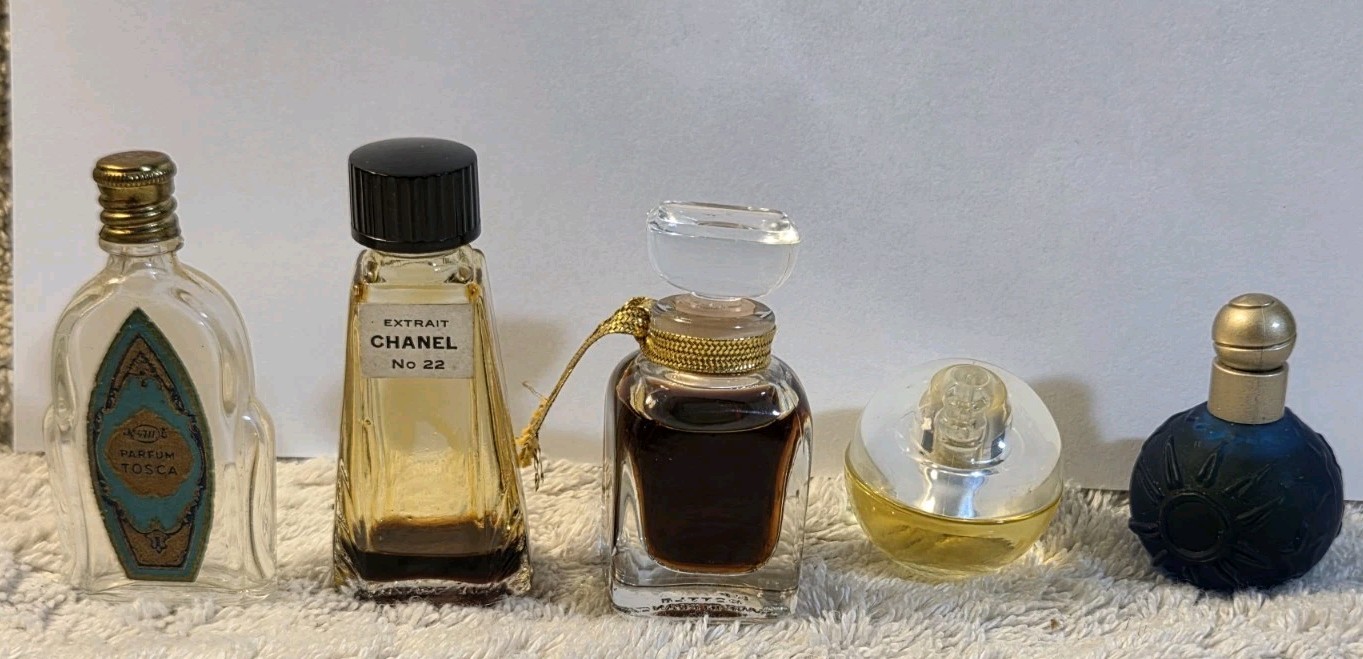 Group of Five Miniature Parfum /PERFUME Glass Bottles Chanel-Tosca-Perry Elias 