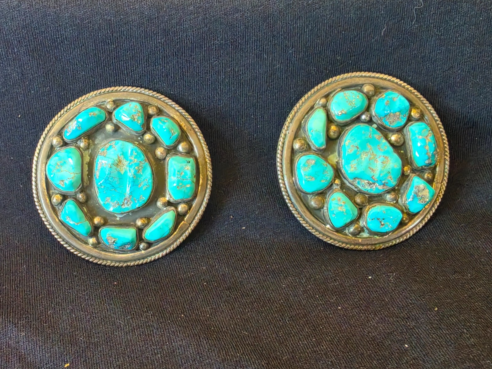 Rare Vintage Navajo Gilbert Gil Adeky Sterling Turquoise Bridle Rosettes Pair 2 Rare Vintage Navajo Gilbert Gil Adeky Sterling Turquoise Bridle Rosettes Pair 2