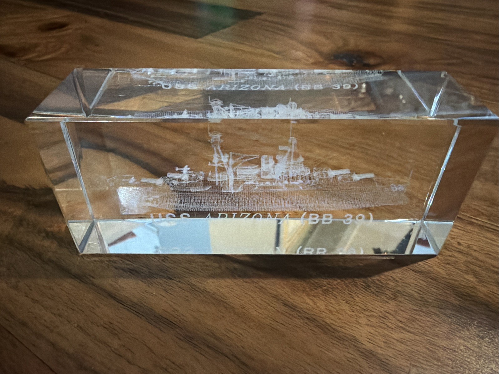 3D Laser-Etched Crystal Glass Paperweight USS ARIZONA (BB 39)