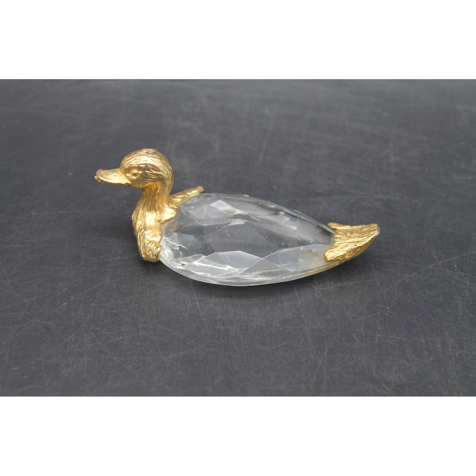 Vintage Faceted Crystal Glass Duck Figurine Gold Tone Metal Head Tail Wings