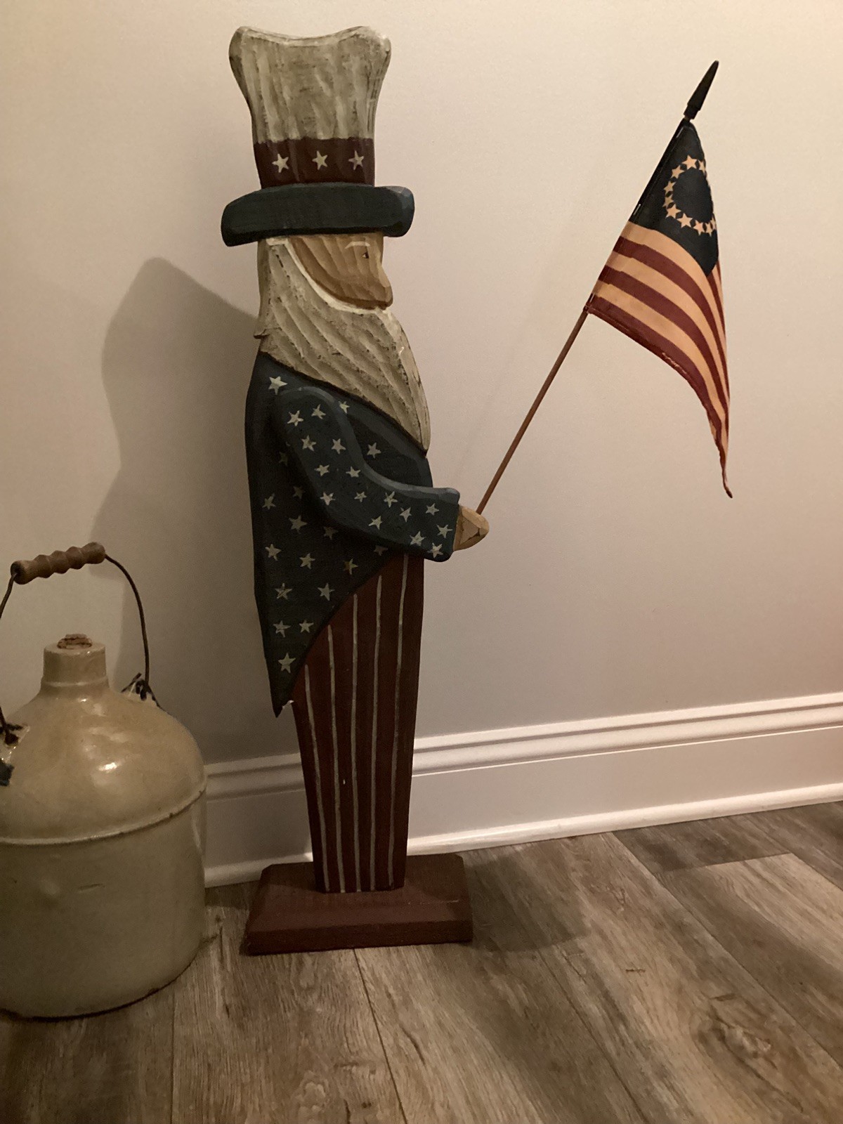 VTG Primitive 36” Uncle Sam Holding A Betsy Ross Flag. Folk Art 1990’s