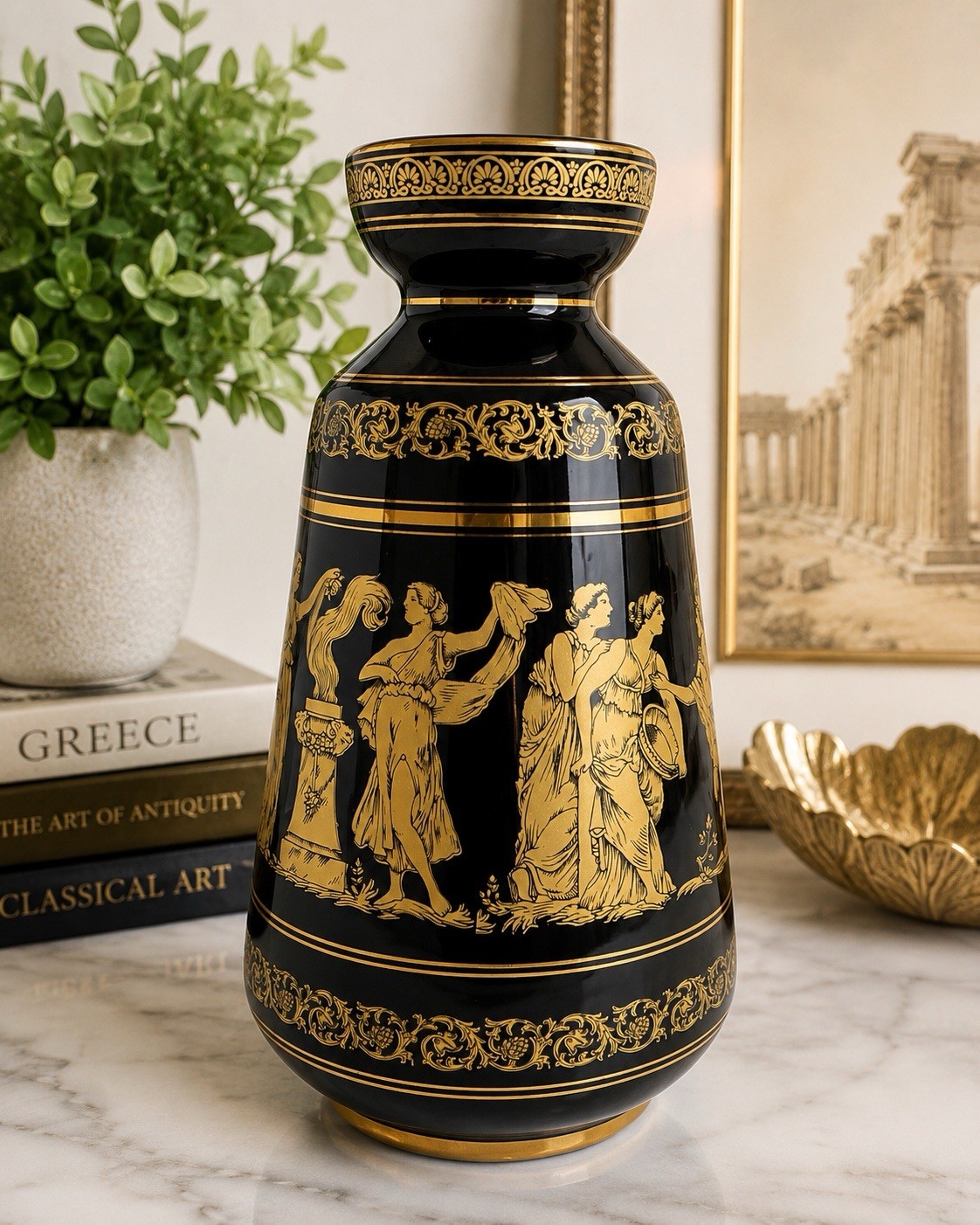 Ncofitou Hand Made Greek Black 24K Gold Vase Grecian Mythology 11” Ceramic