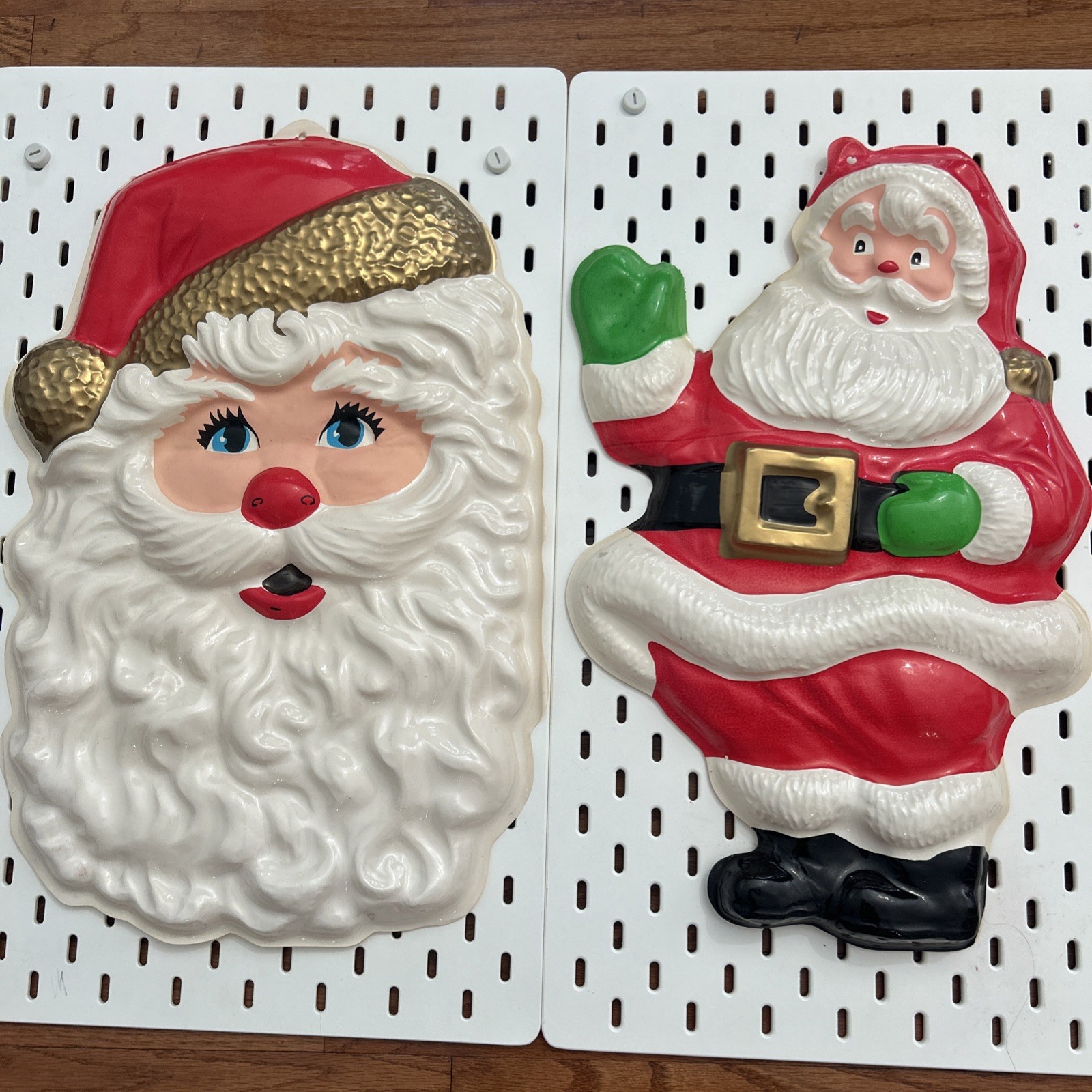 TWO Vintage Christmas Molded Plastic Santa Claus Wall Hanging NEW OLD STOCK