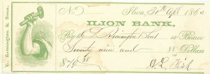 Check issued to E. Remington & Sons - Autographed Check - Autographs of Famous P