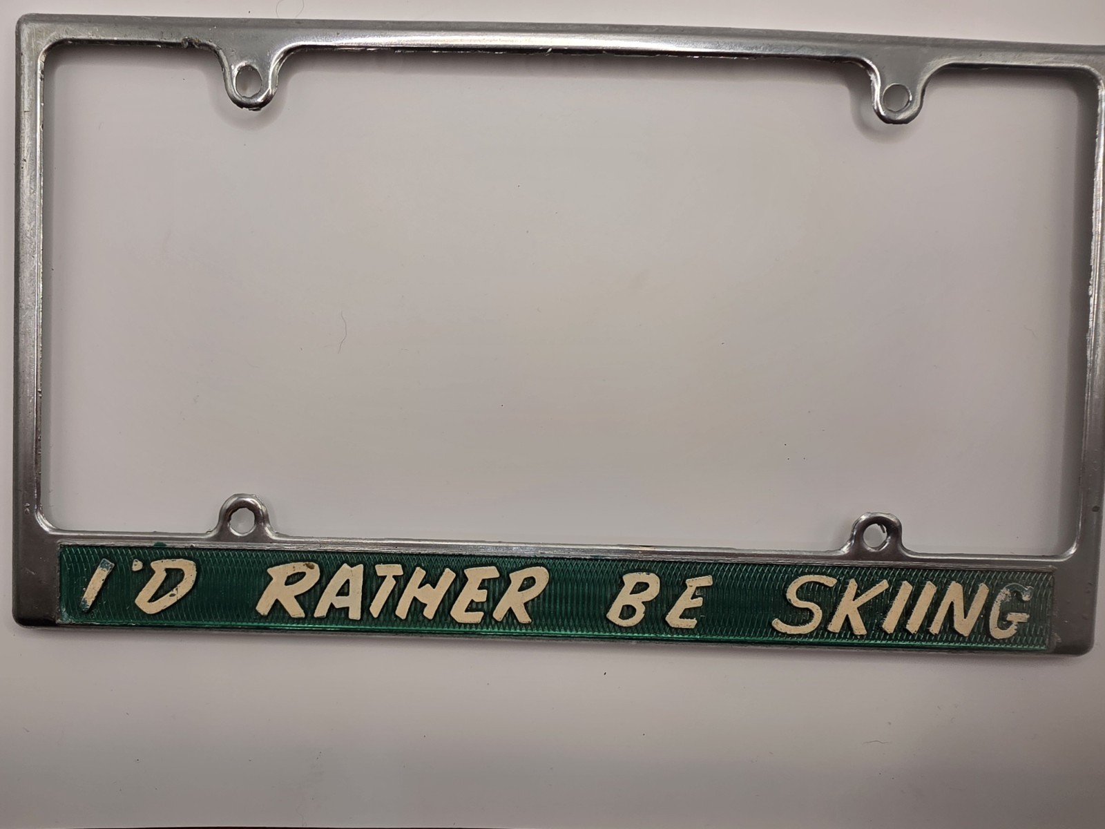 Vintage I\'d Rather Be Skiing Booster License Plate Frame Ski Skier Slopes METAL