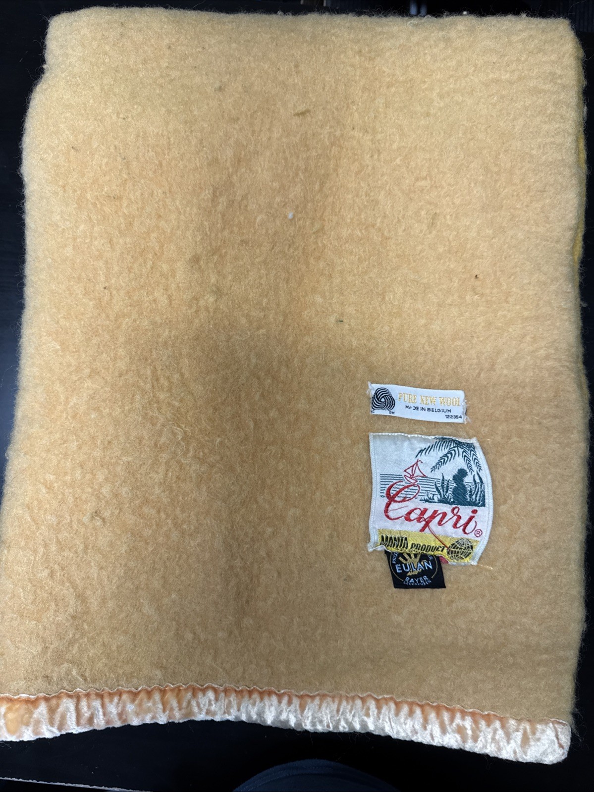 Vintage Capri Manta Eulan Bayer Belgium Wool Orange Blanket 58X82 In