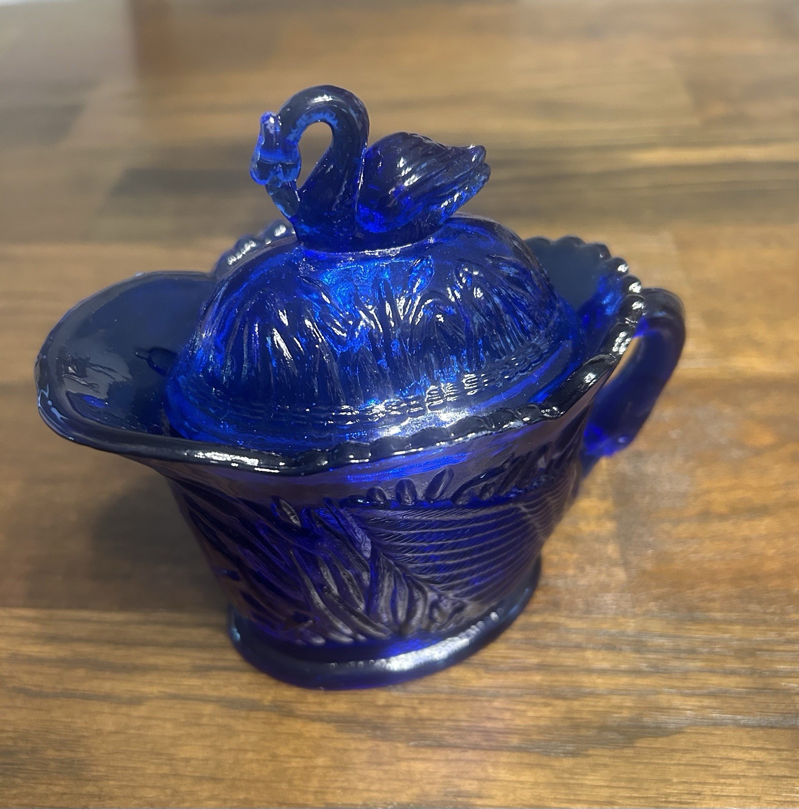 Vintage Westmoreland Cobalt Blue Glass Swan and Reeds Lidded Creamer Pitcher