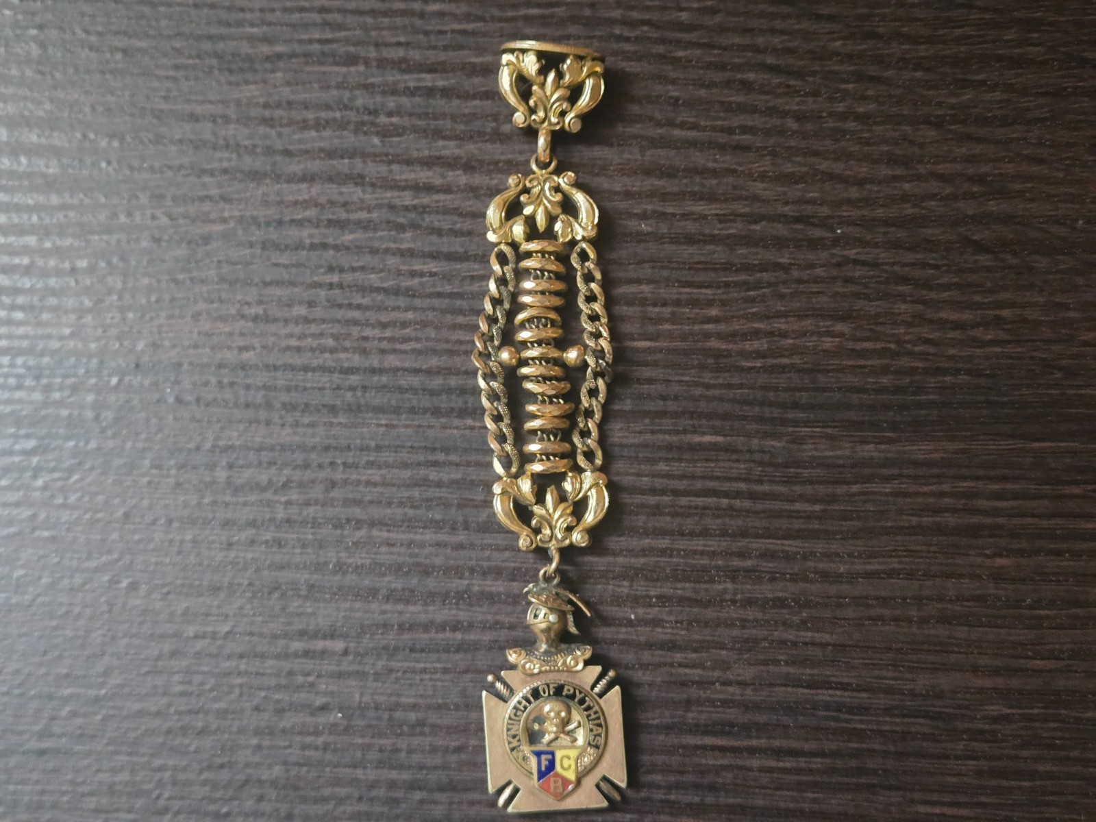 Vintage Knights of Pythias FCB Watch Fob Chain Fraternal Gold Tone Ornate