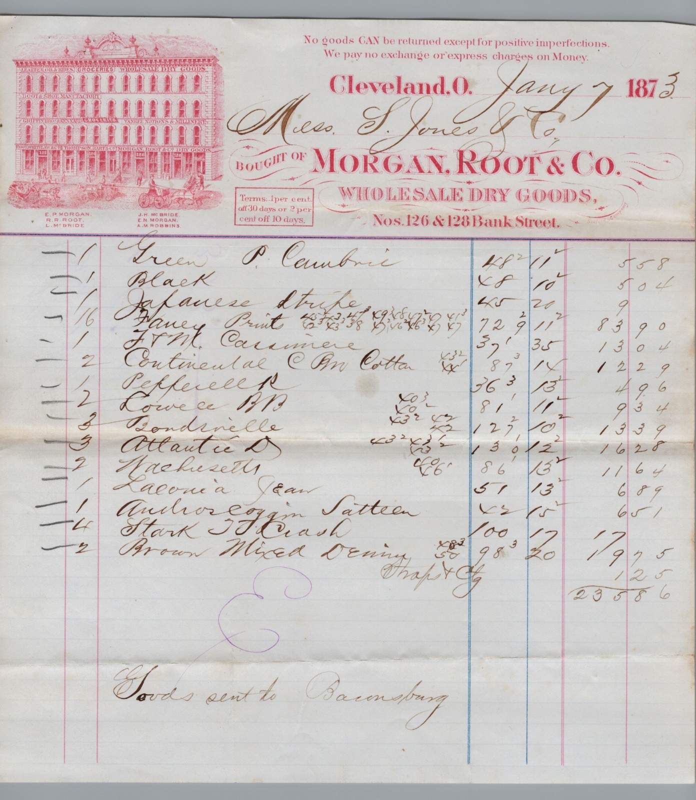 1873 Billhead Morgan, Root & Co Dry Goods, Cleveland, OH - Scarce 1873 Billhead Morgan, Root & Co Dry Goods, Cleveland, OH - Scarce