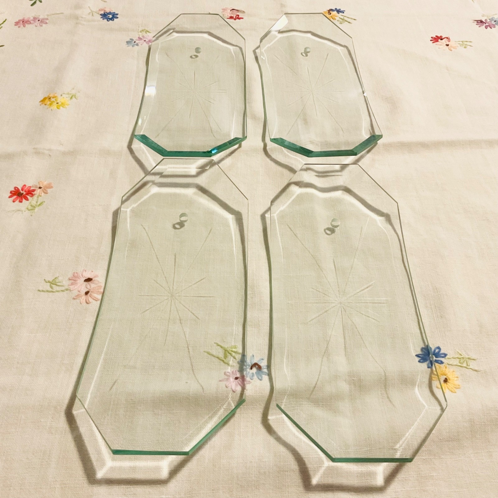 4 Vintage MCM Star Pattern Clear Glass Curved Chandelier Panel Starburst Design
