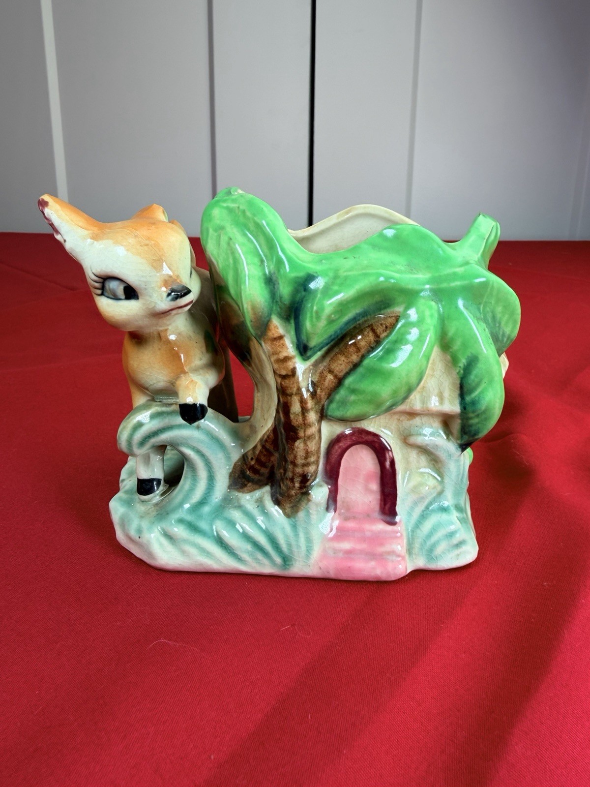 Vtg Inarco Japan Big Eyed Deer Fawn Ceramic Planter Palm Tree House 1950s Vase