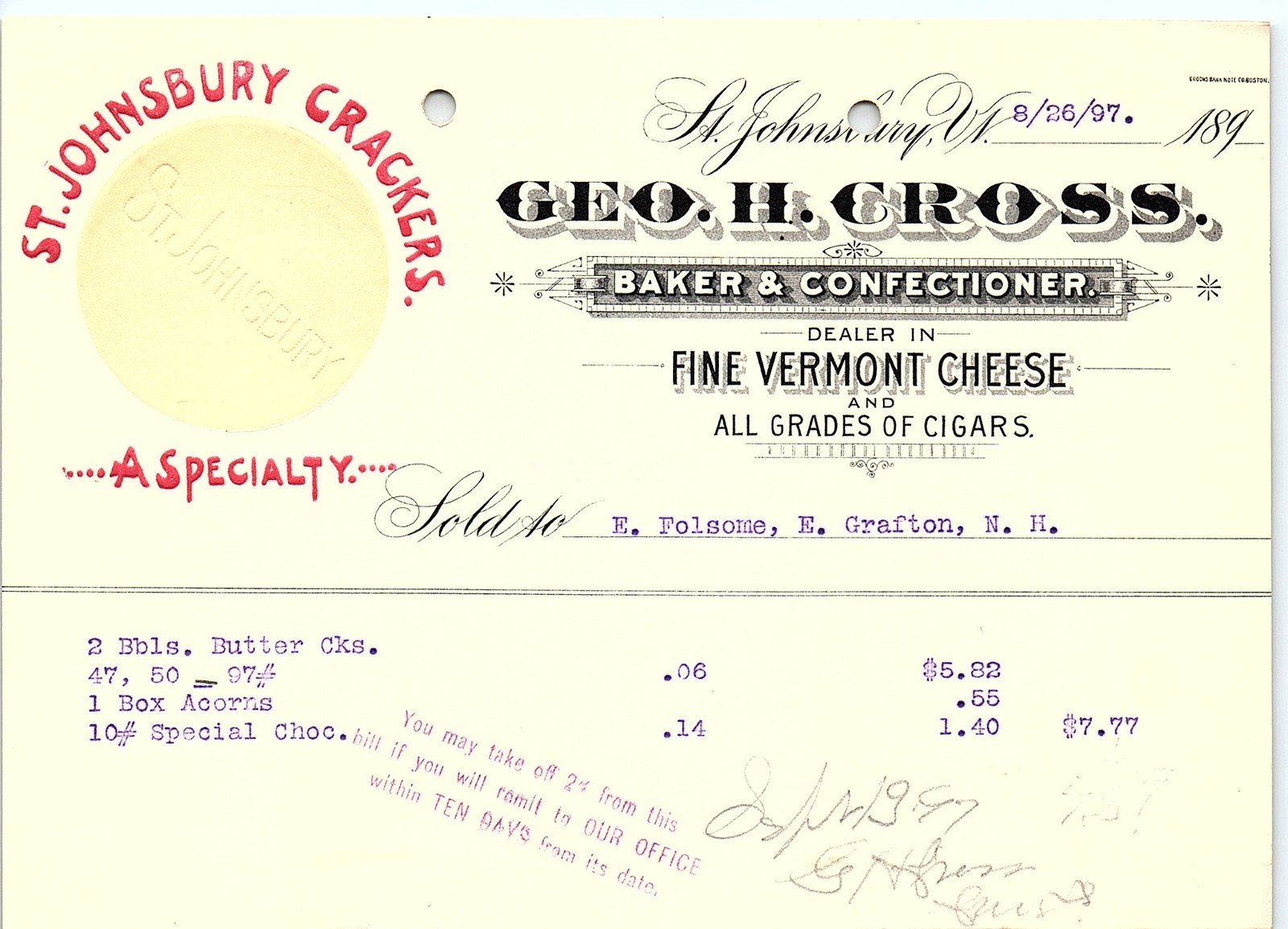 1897 St. Johnsbury VT Geo. H. Cross Crackers Confectioner bi