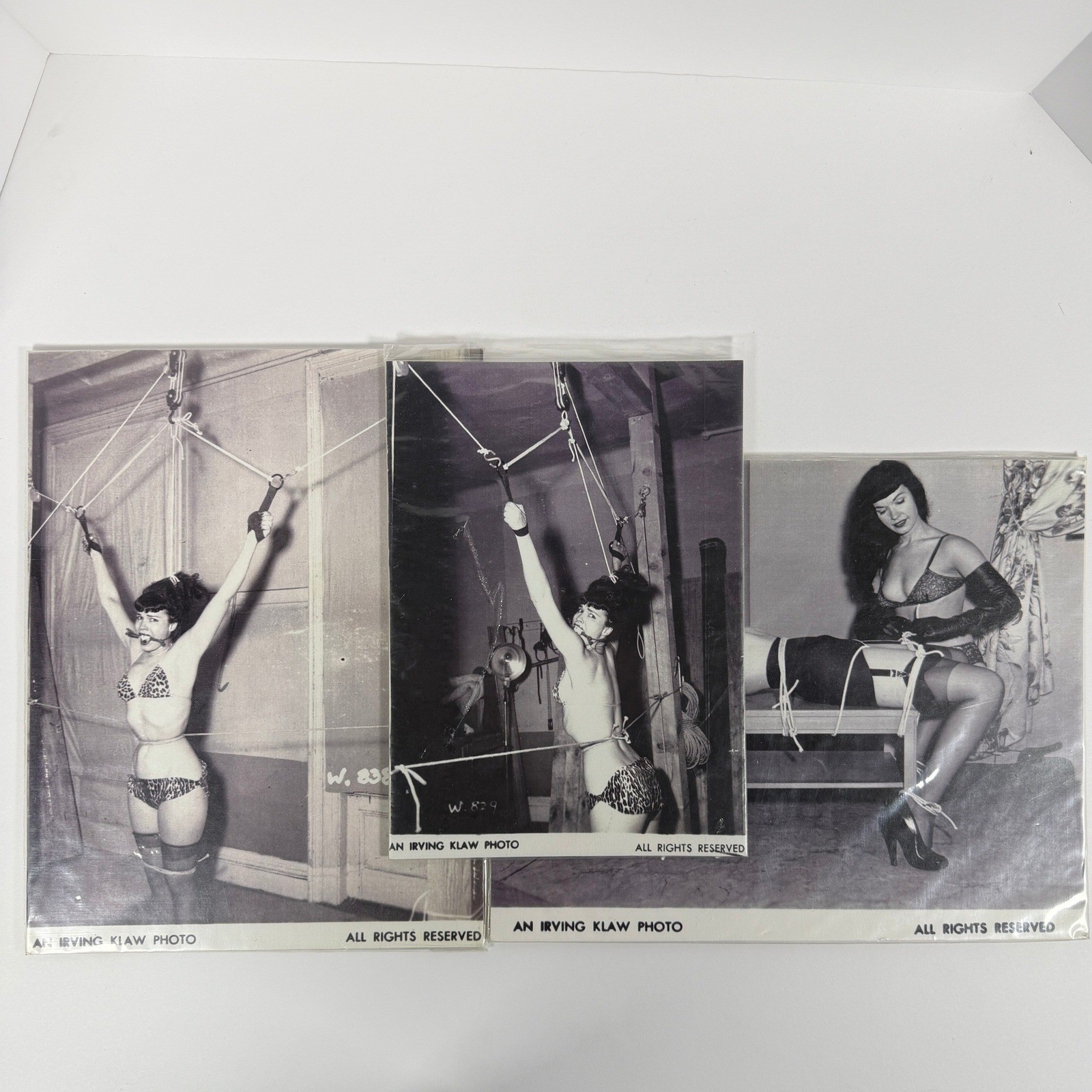 3 Vintage Bettie Page Irving Klaw Pin-Up Photos W-829 W-838 G-229 Fetish Art