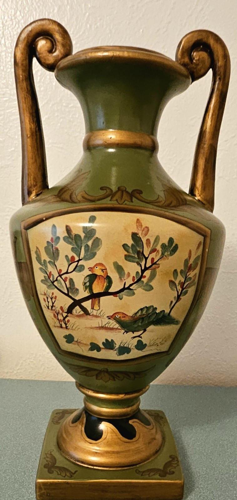 Vintage 14” Neoclassical Greek Urn Vase Hand Painted Birds Gold Scroll...