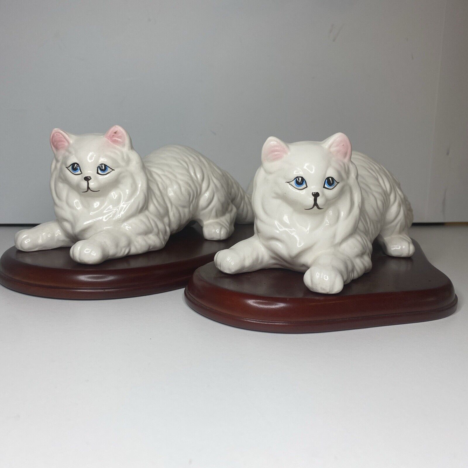Vintage Cat Figures 2 Crouching Pose Blue Eyes Pink Ears “Japan” 9.75” Kitty