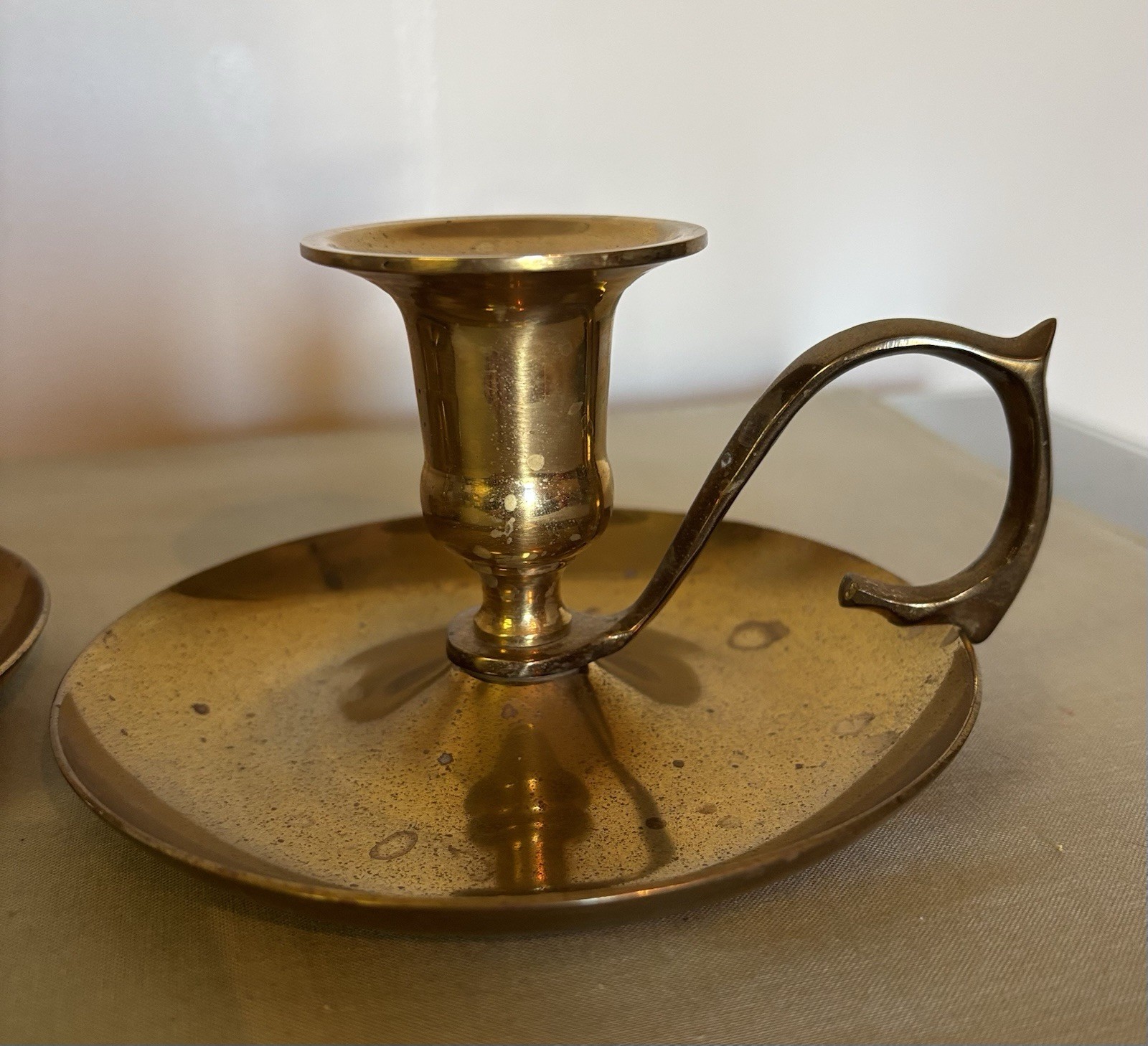 Set of 2 Brass Chamberstick Taper Candle Holders, Round Finger Loop Handles