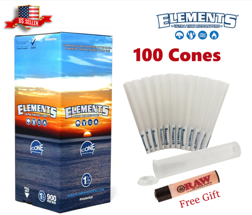 Elements Ultra Thin Rice Cones 1 1/4 Size 100 Pack & Free RAW Clipper Lighter