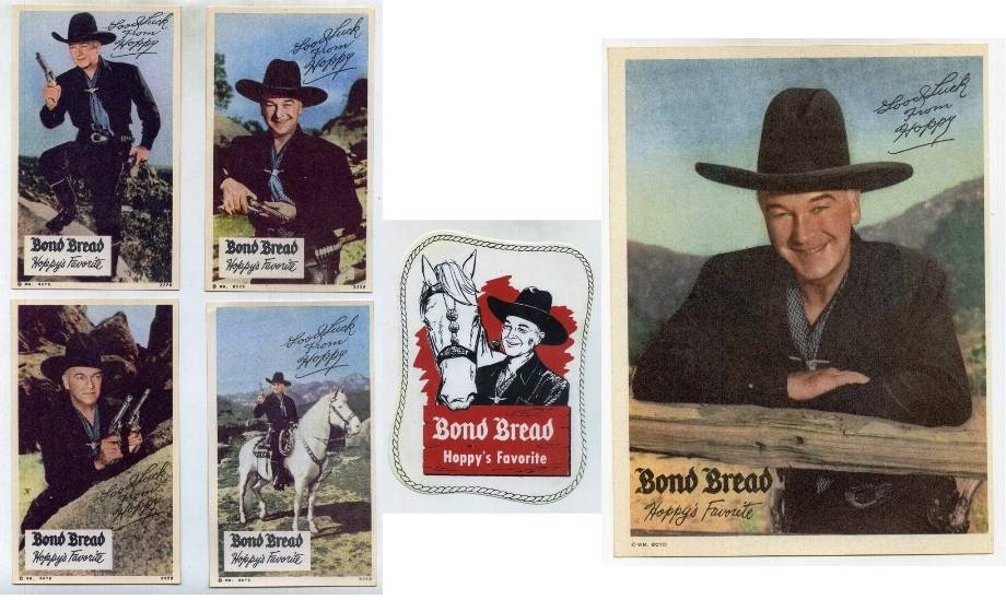 1950s HOPALONG CASSIDY HOPPY BOND BREAD LOT ~ PHOTO POSTCARDS WINDOW DECAL