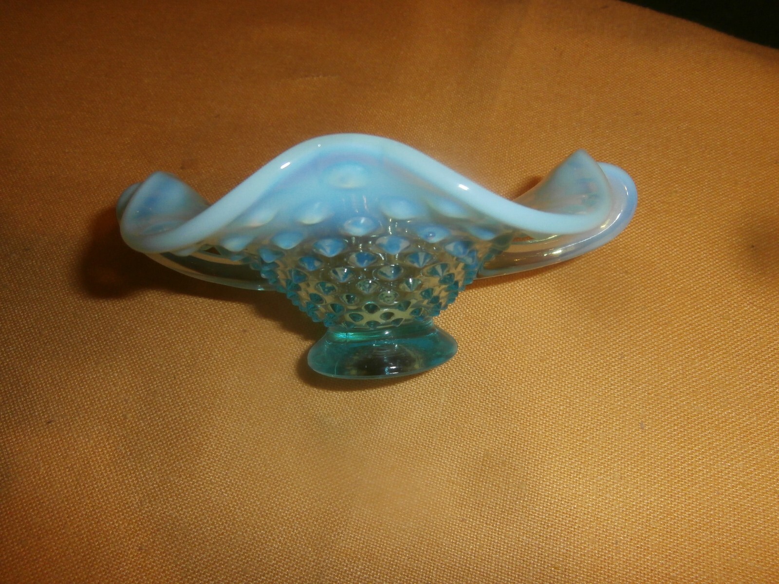 Vintage Blue Hobnail Opalescent Glass 2 Handle Bon Bon Dish