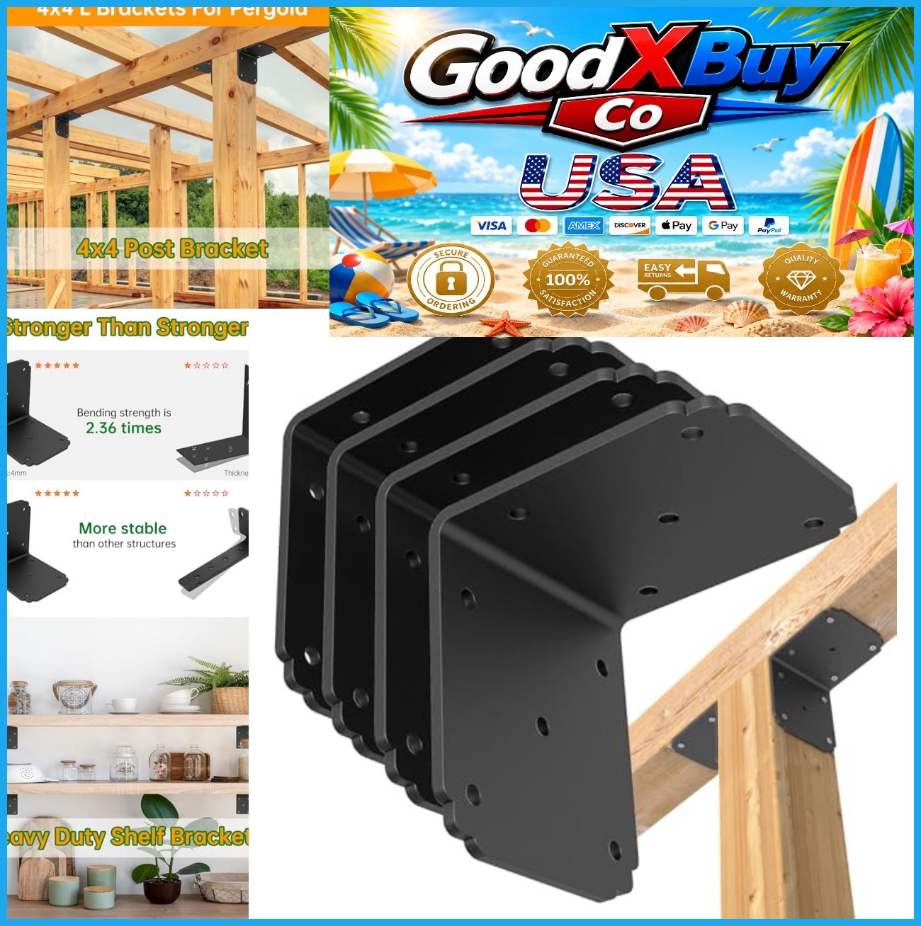 4 Pack 4x4x3.5 Pergola Brackets Heavy Duty L Bracket for Wood 4mm Steel Black
