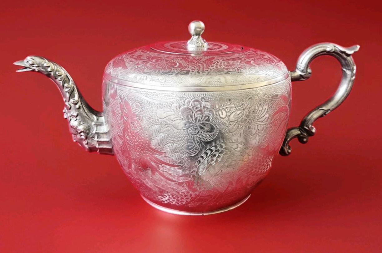 Antique Chinese Pewter Tea Pot Kettle WahLee Swatow Ornate Etching Dragon Bird Antique Chinese Pewter Tea Pot Kettle WahLee Swatow Ornate Etching Dragon Bird