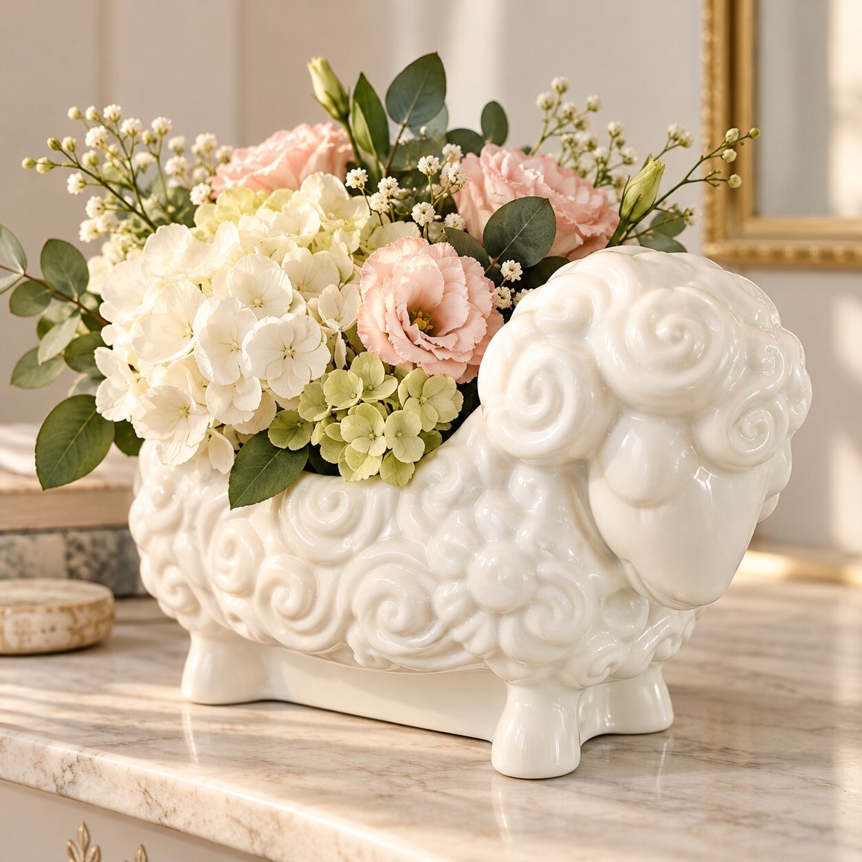 Vintage White Ceramic Sheep Planter Figural Flower Pot Cottage Regency Decor