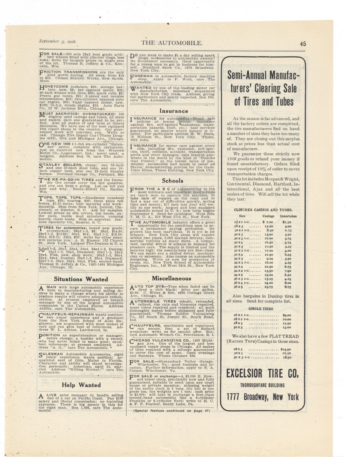 1908 Excelsior Tire Co. of New York City Ad: End of Year Tire Clearance Sale