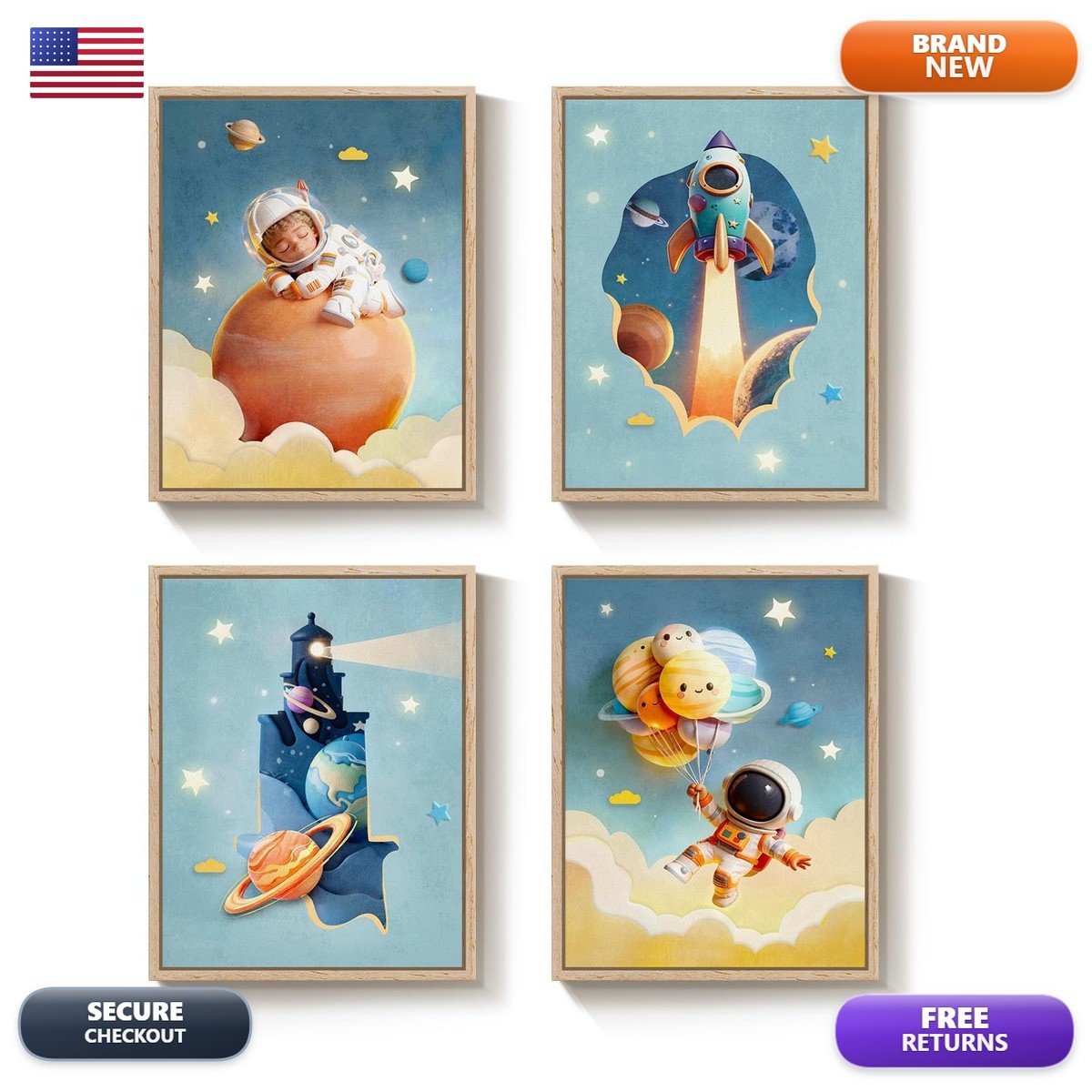 Cuspin Framed Space Wall Art Set of 4 for Nursery 11x14 In