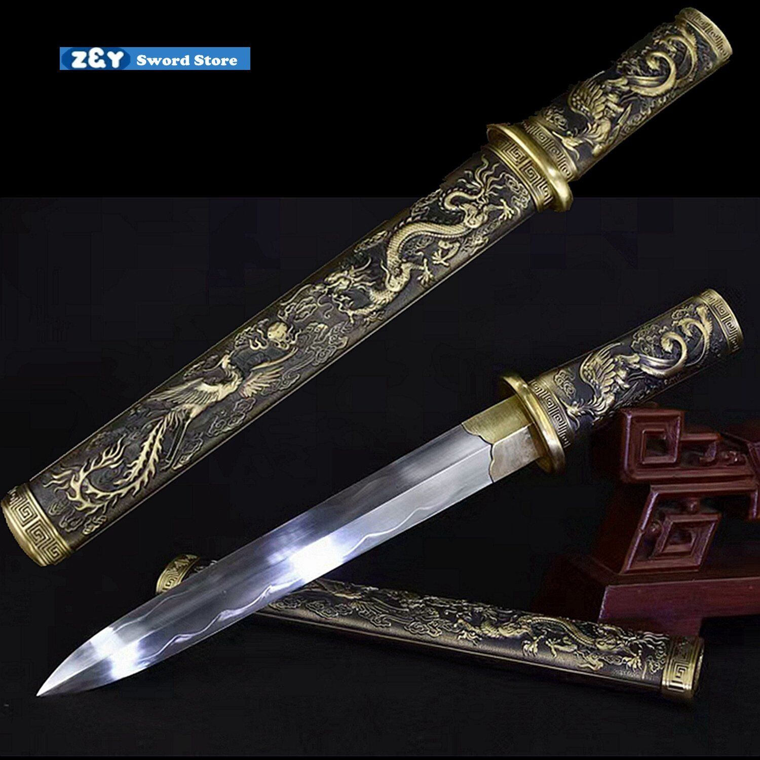 Chinese Dragons Phoenix Short Sword Dagger Knife T10 Steel Clay Tempered Sharp