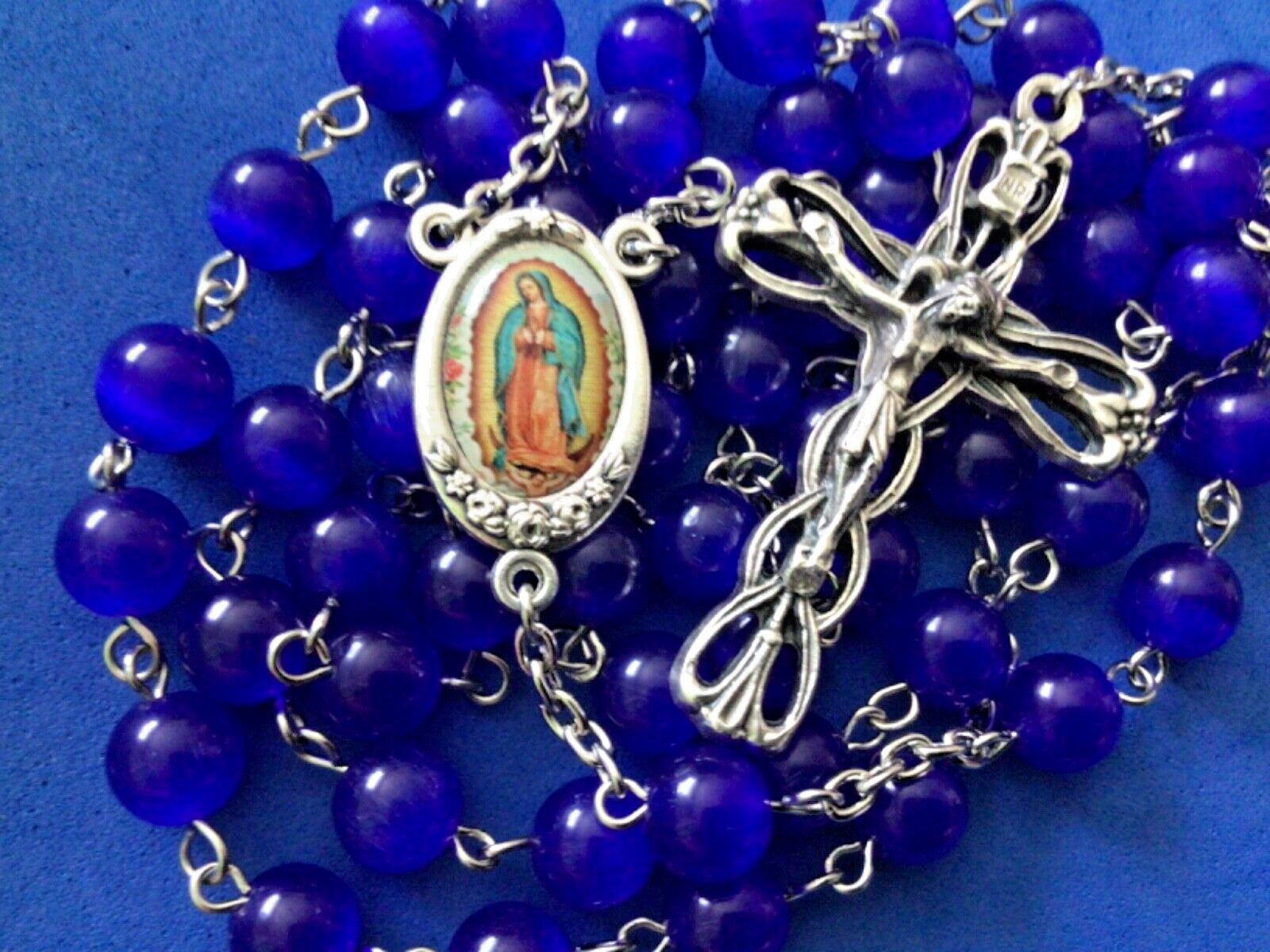 Cobalt Blue Cats Eye Glass Rosary Our Lady of Guadalupe 5 Decade Handmade 8mm